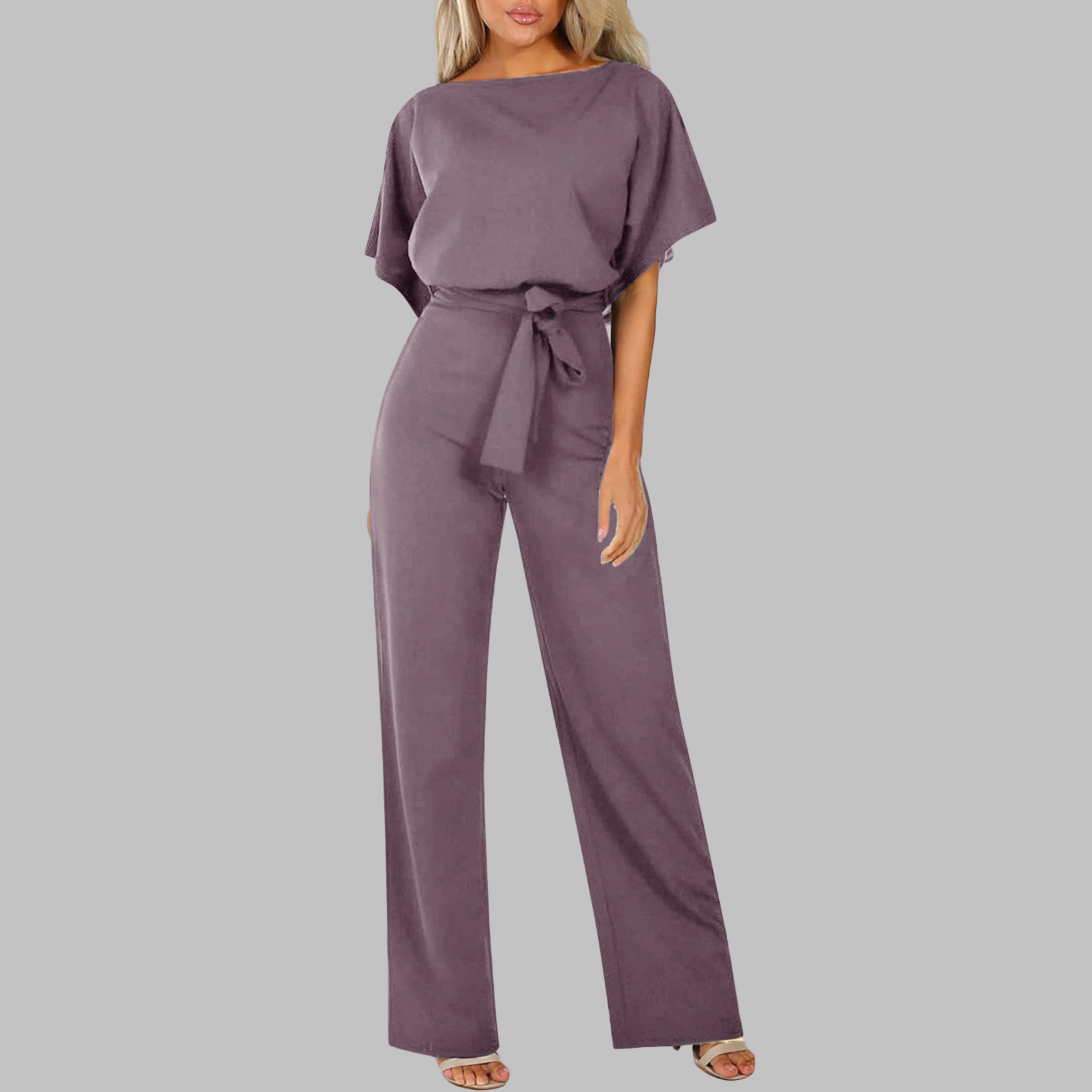 Sunny | Women's Belted Wide Leg Jumpsuit Batwing Sleeve Crewneck