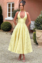 Genevieve™ | V-Neck Halterneck Sleeveless Jacquard Maxi Dress