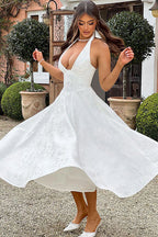 Genevieve™ | V-Neck Halterneck Sleeveless Jacquard Maxi Dress