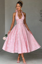 Genevieve™ | V-Neck Halterneck Sleeveless Jacquard Maxi Dress