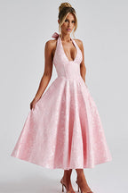 Genevieve™ | V-Neck Halterneck Sleeveless Jacquard Maxi Dress
