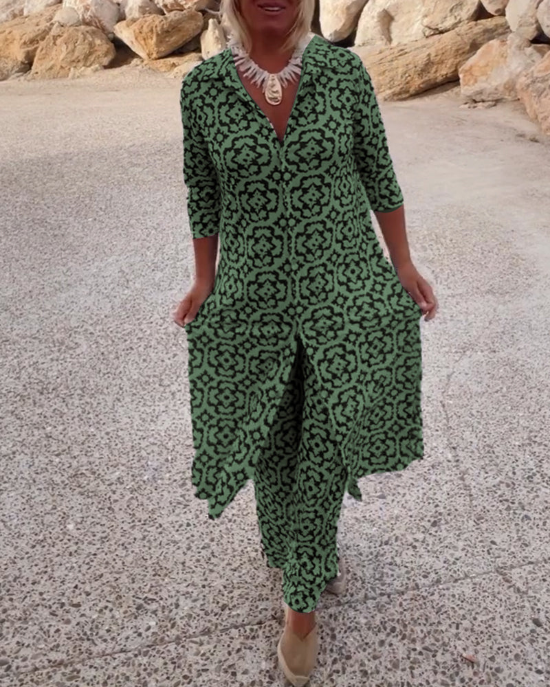 Mosa | Women's Printed Two Piece Set Longline Shirt Straight Pants