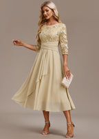 Karla™ | Champagne FLoral 3/4 Sleeve Round Neck Dress