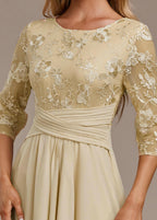 Karla™ | Champagne FLoral 3/4 Sleeve Round Neck Dress