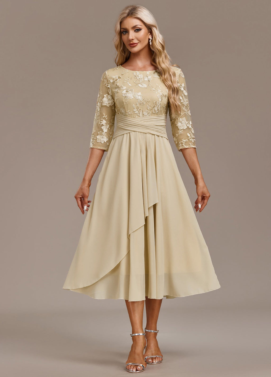 Karla™ | Champagne FLoral 3/4 Sleeve Round Neck Dress