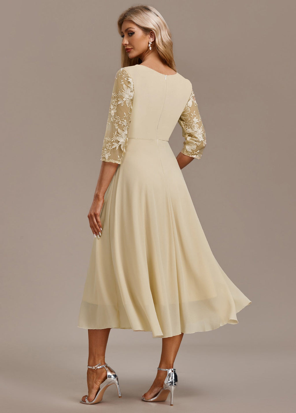 Karla™ | Champagne FLoral 3/4 Sleeve Round Neck Dress