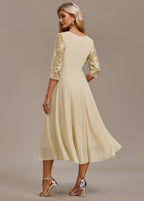 Karla™ | Champagne FLoral 3/4 Sleeve Round Neck Dress