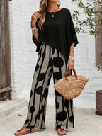 Sage | Women's 2 Piece Set Batwing Top and Wide Leg Print Pants