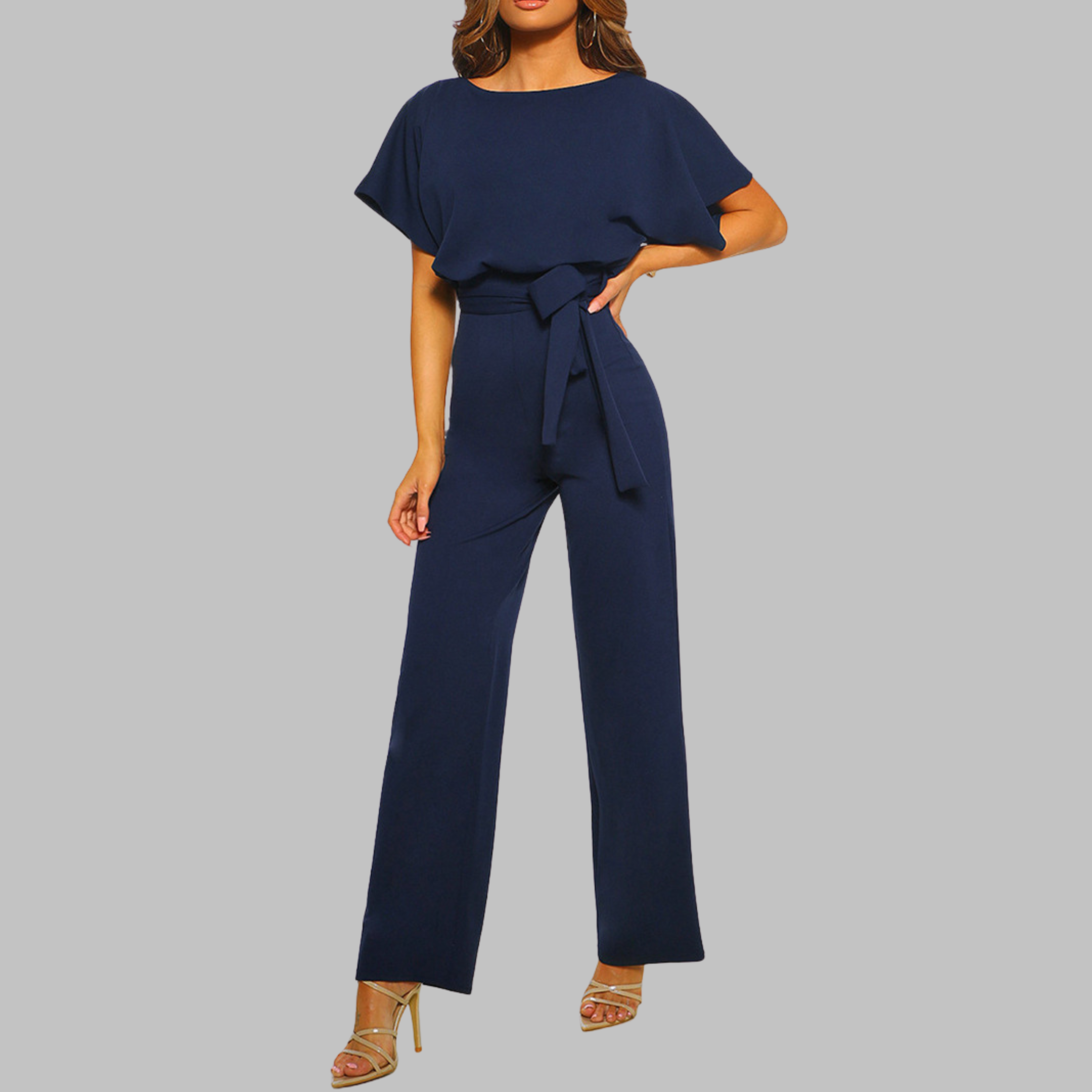 Sunny | Women's Belted Wide Leg Jumpsuit Batwing Sleeve Crewneck