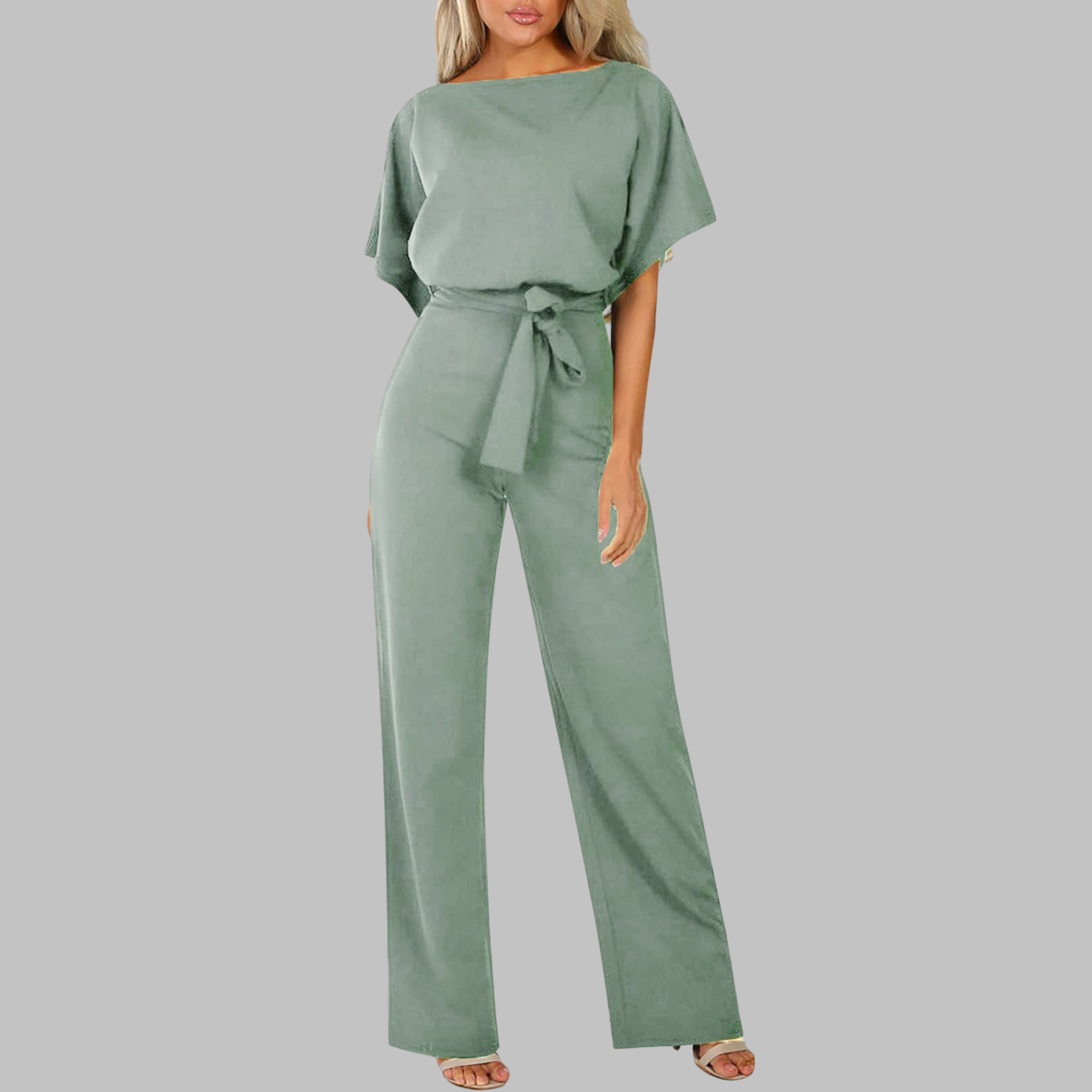 Sunny | Women's Belted Wide Leg Jumpsuit Batwing Sleeve Crewneck