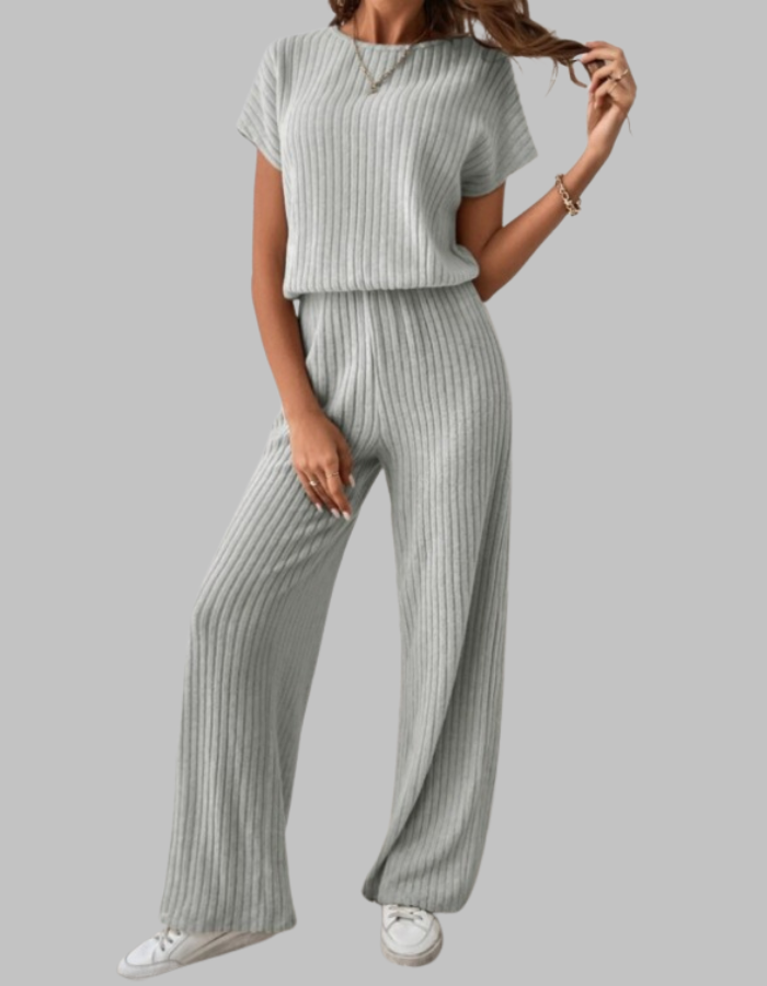 Nora | Women's Ribbed Two Piece Set Short Sleeve Top Wide Leg Pants