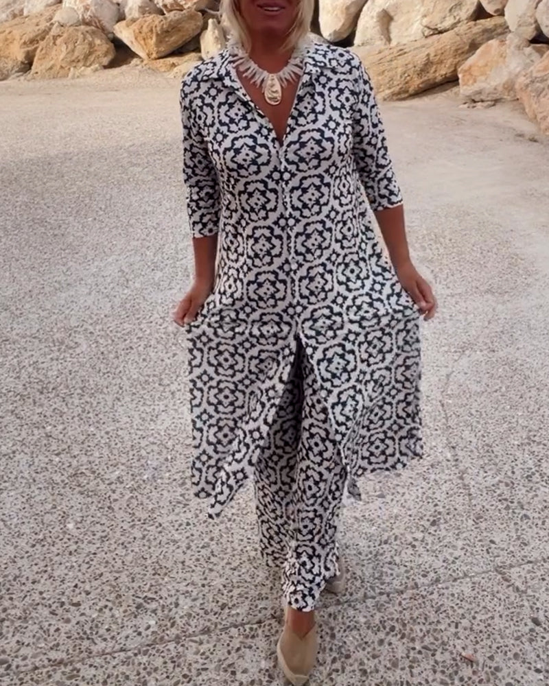 Mosa | Women's Printed Two Piece Set Longline Shirt Straight Pants