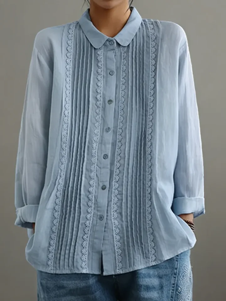 Claire | Women's Lace Trim Button-Up Long Sleeve Blouse