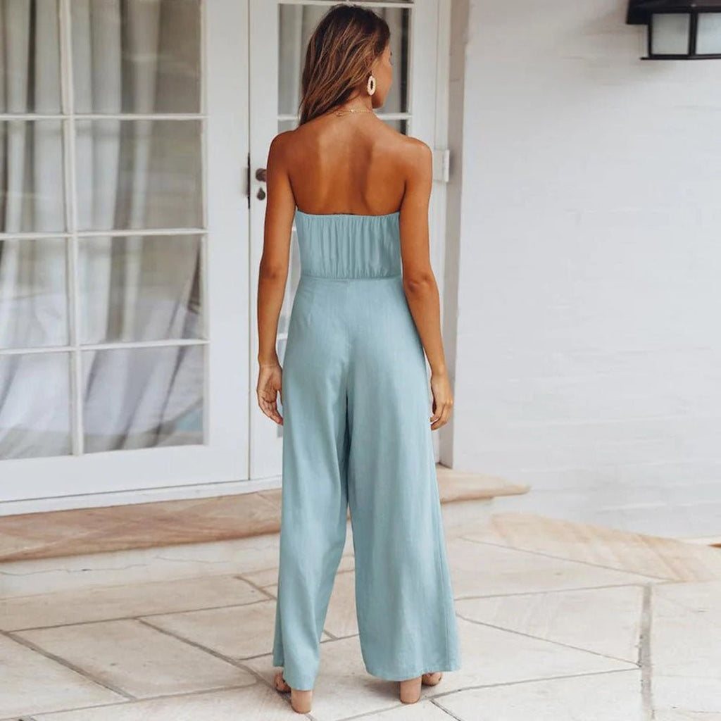 Sandy | Women's Strapless Tie Waist Wide Leg Jumpsuit
