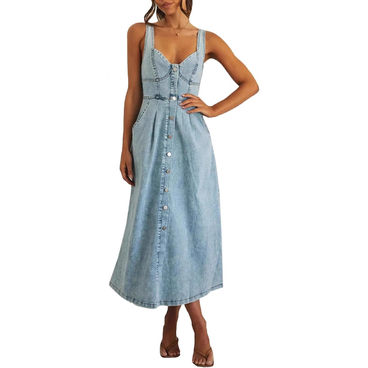 Cindy™ | Classic Sleeveless Button-Front Denim Dress