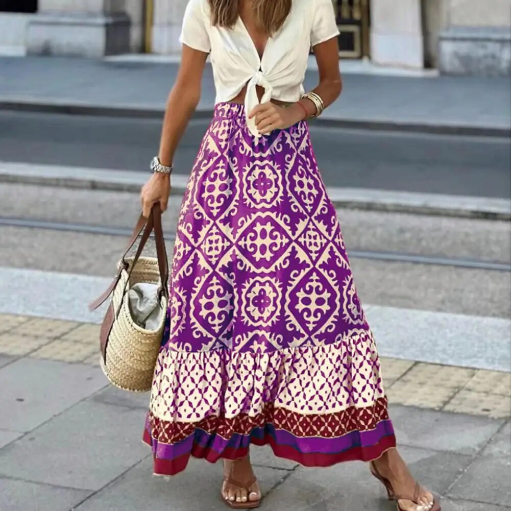 Seville | Women's Boho Maxi Skirt High Waist Floral Print Ruffle