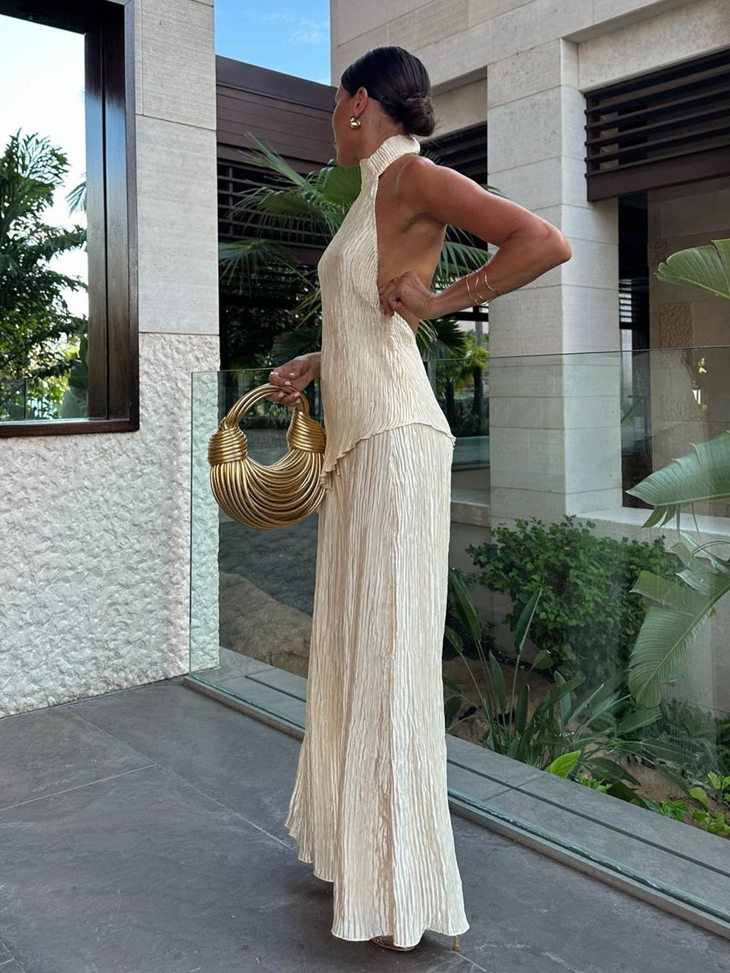 Serena | Women's Halter Neck Pleated Top & Wide Leg Pants Set