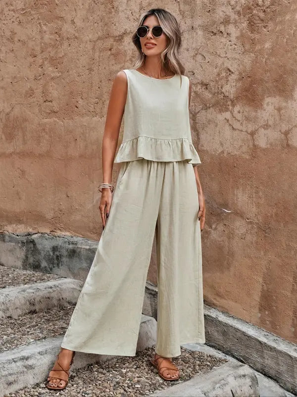 Sage | Women's Sleeveless Ruffle Top & Wide Leg Pants Set