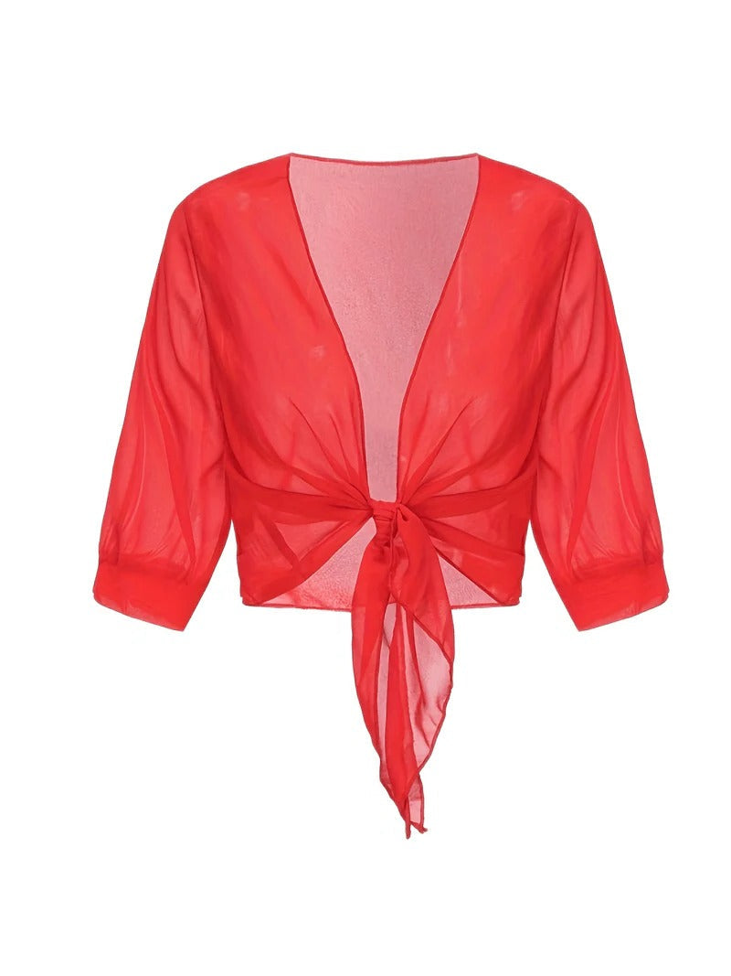 Brisa | Women's Tie Front Sheer Blouse Open Front 3/4 Sleeve Top