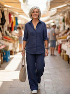 Vivian | Women's Casual Button-Down Shirt and Wide-Leg Pants Set