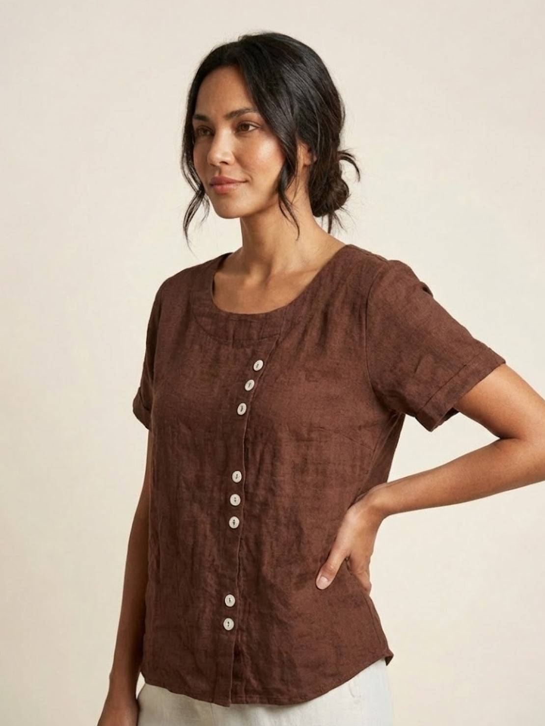 Foreen | Women's Casual Scoop Neck Button Detail Short Sleeve Top