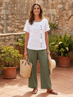 Foreen | Women's Casual Scoop Neck Button Detail Short Sleeve Top