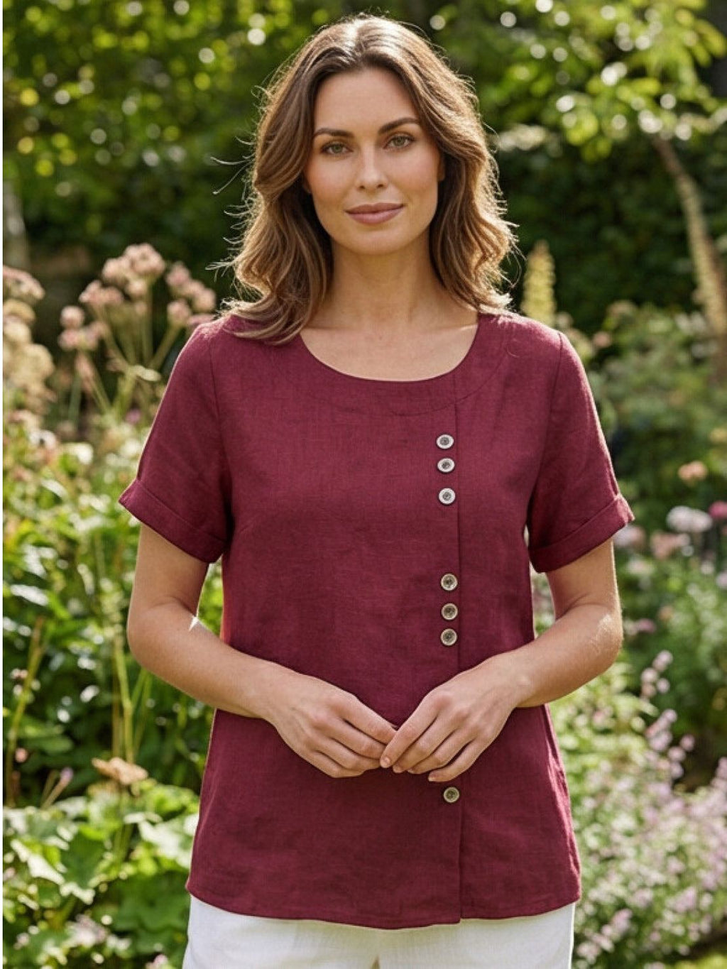 Foreen | Women's Casual Scoop Neck Button Detail Short Sleeve Top