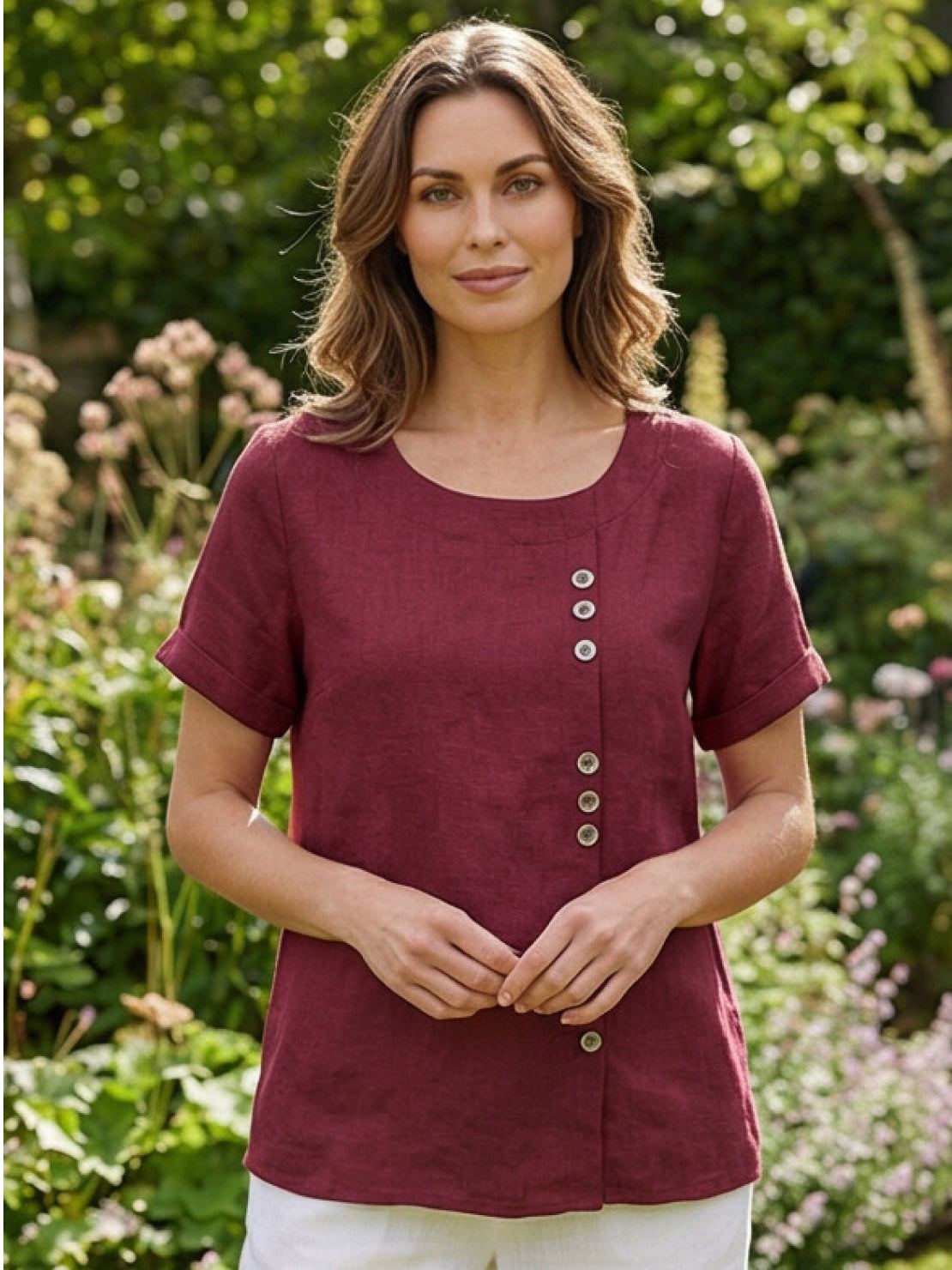 Foreen | Women's Casual Scoop Neck Button Detail Short Sleeve Top