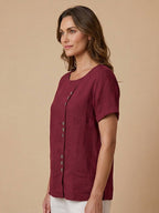 Foreen | Women's Casual Scoop Neck Button Detail Short Sleeve Top