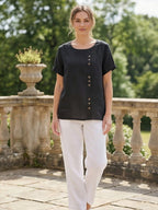 Foreen | Women's Casual Scoop Neck Button Detail Short Sleeve Top