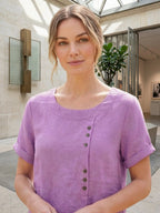 Foreen | Women's Casual Scoop Neck Button Detail Short Sleeve Top