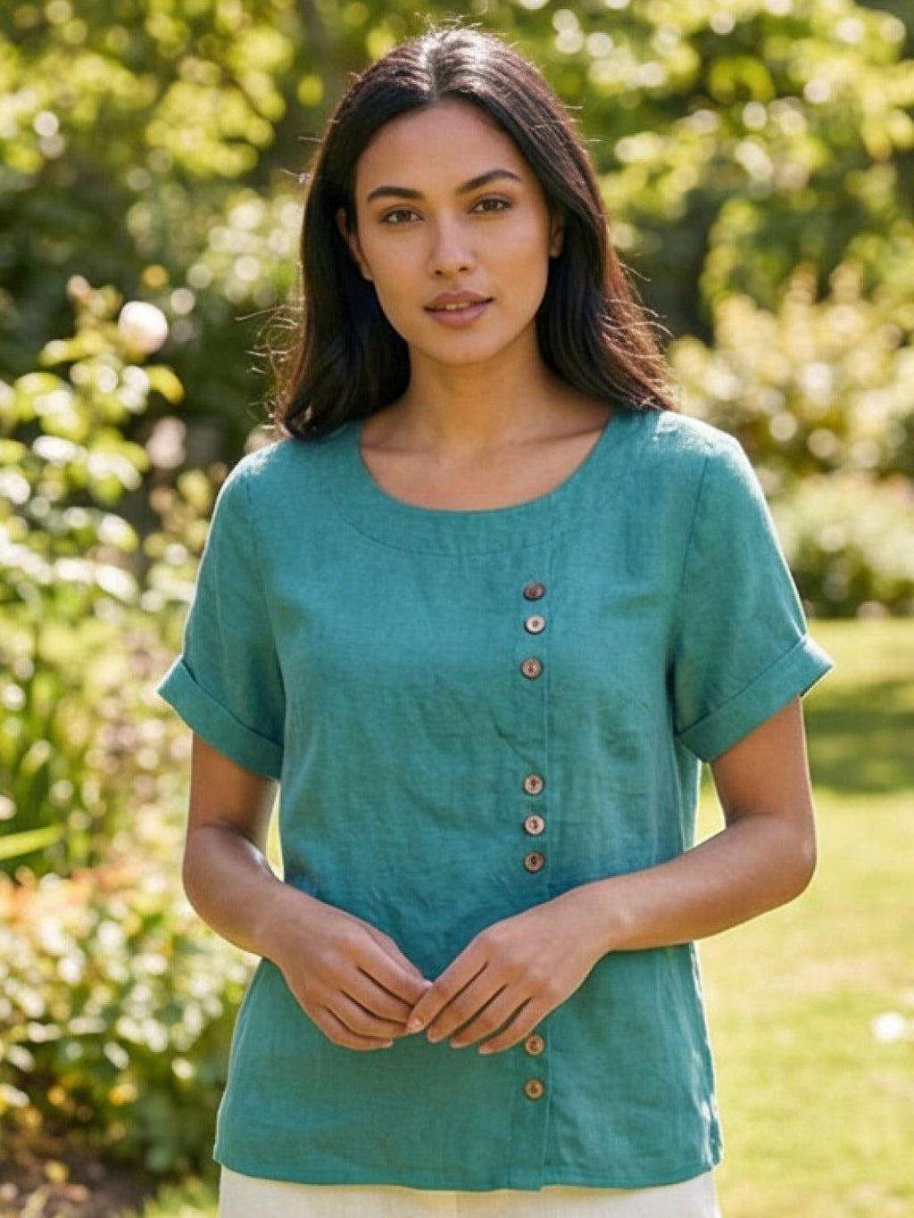 Foreen | Women's Casual Scoop Neck Button Detail Short Sleeve Top