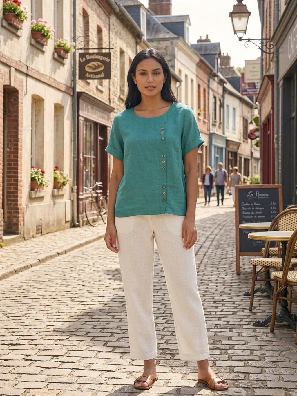 Foreen | Women's Casual Scoop Neck Button Detail Short Sleeve Top