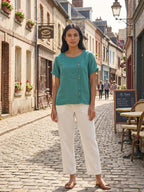 Foreen | Women's Casual Scoop Neck Button Detail Short Sleeve Top