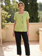 Foreen | Women's Casual Scoop Neck Button Detail Short Sleeve Top