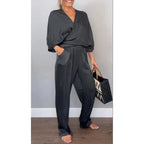 Mila | Women's 2 Piece Set V-Neck Wrap Top Wide Leg Pants