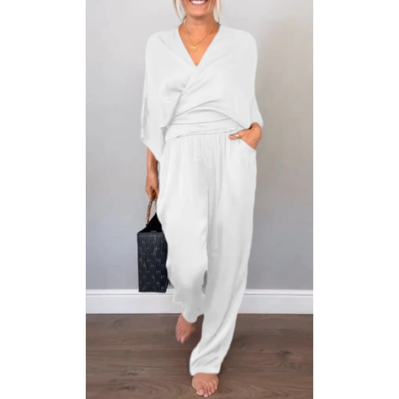 Mila | Women's 2 Piece Set V-Neck Wrap Top Wide Leg Pants
