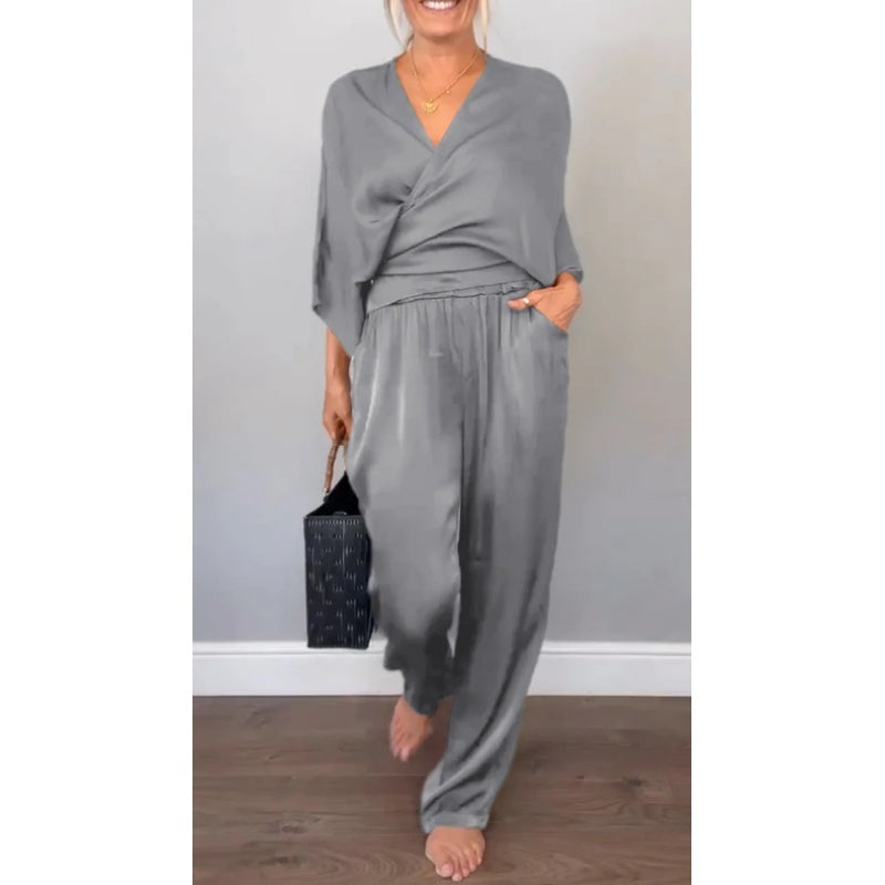 Mila | Women's 2 Piece Set V-Neck Wrap Top Wide Leg Pants
